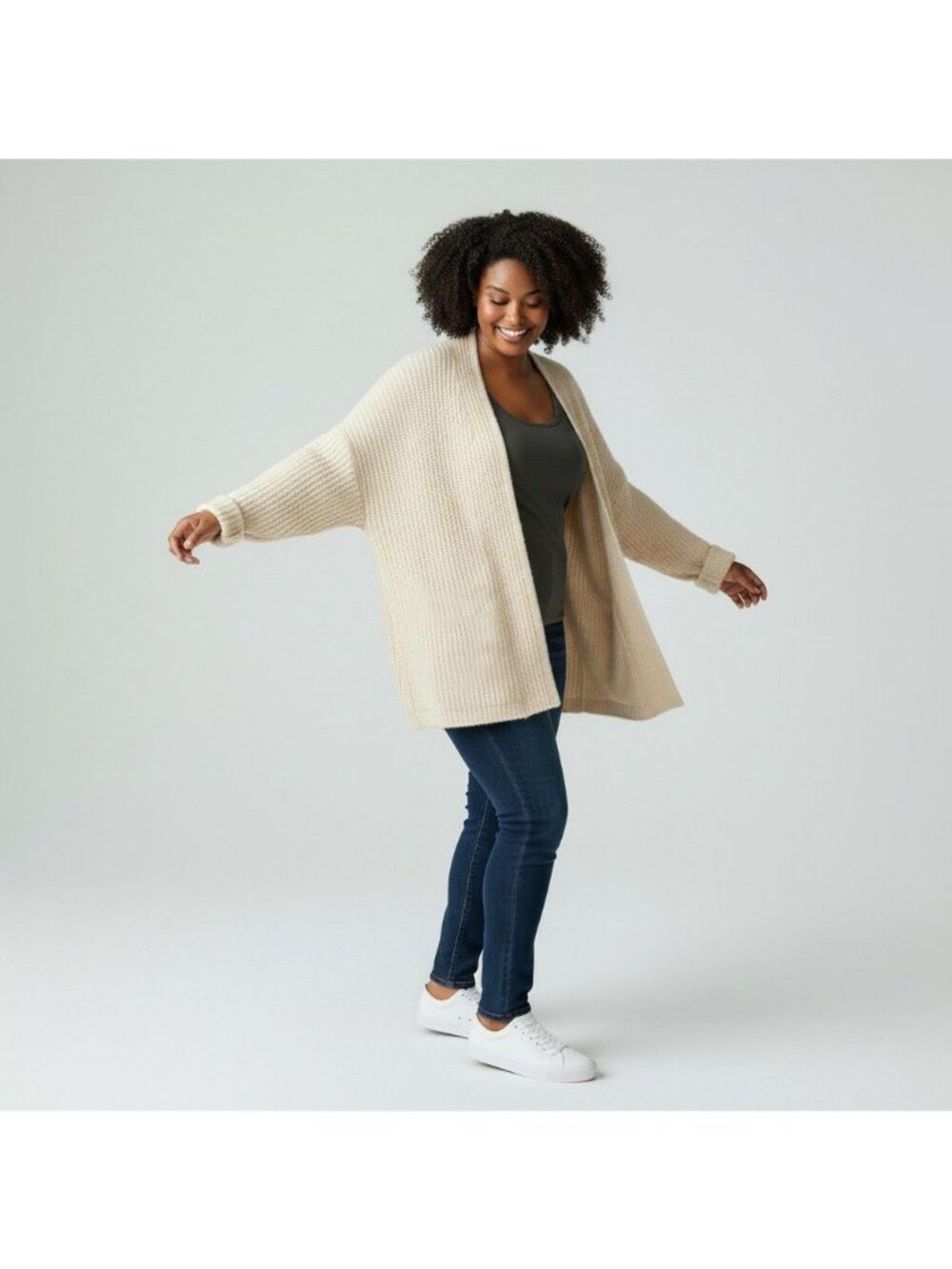 NEW Eddie Bauer Women’s XL/2XL Open Front Cardigan Cream Waffle Knit Cozy Oversi